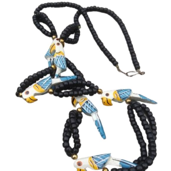 Vintage Hand Painted Wood Parrot Beaded Necklace  Fun Playful Boho Tropical - Picture 13 of 16